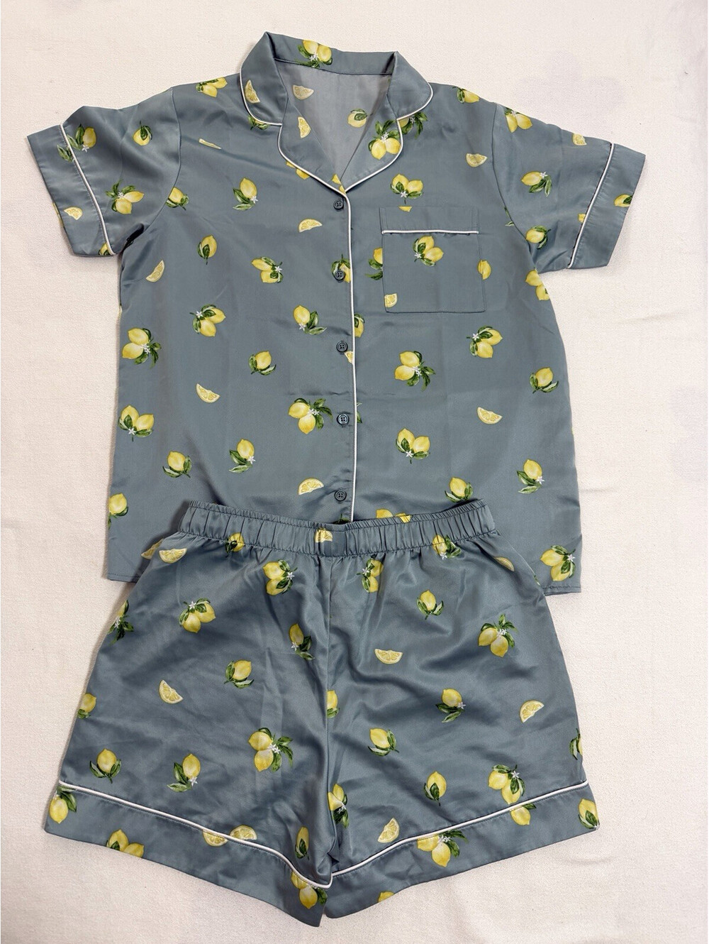 GU Women's M Lemon Print Pajama Set Blue Green Satin Button Up Shorts Japan